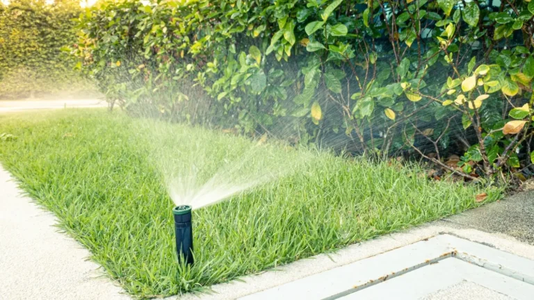 A sprinkler sprays water over a grassy area and bush.