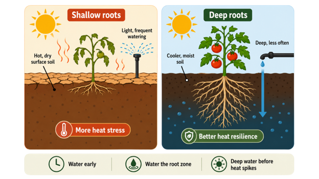 A graphic depicting the difference between shallow and deep root systems.