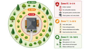 A graphic depicting the different fire safe zones in relation to a structure. A graphic depicting the different fire safe zones in relation to a structure.