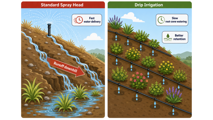 A graphic showing the issue of water runoff with regular spray vs drip irrigation. A graphic showing the issue of water runoff with regular spray vs drip irrigation.
